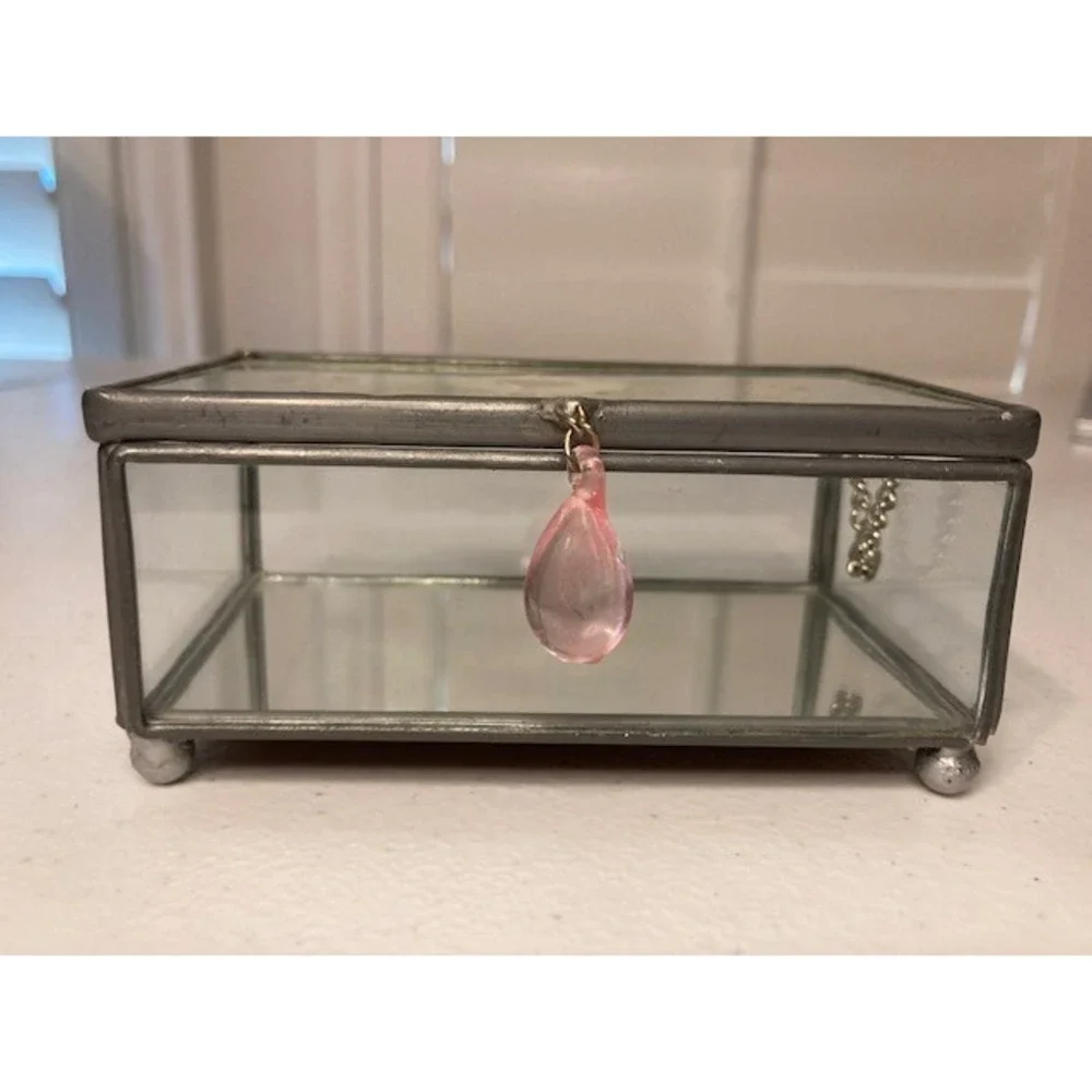 Vtg Glass Lidded Footed Box With Pressed Dried Flowers 4.5x2.75x2 Intl Silver Co